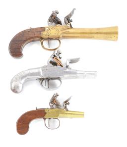 (A) LOT OF THREE: THREE ANTIQUE FLINTLOCK PISTOLS.