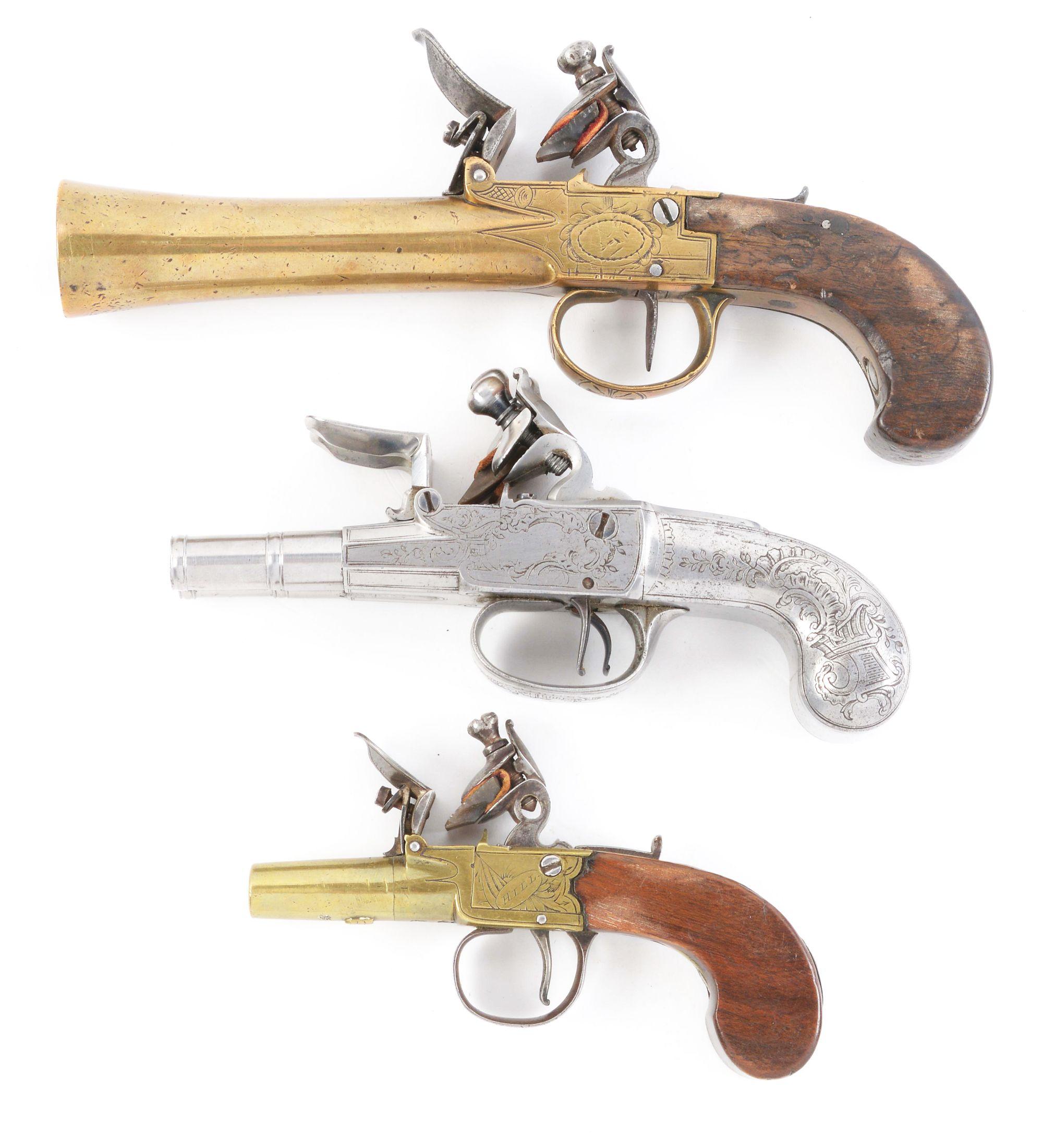 (A) LOT OF THREE: THREE ANTIQUE FLINTLOCK PISTOLS.