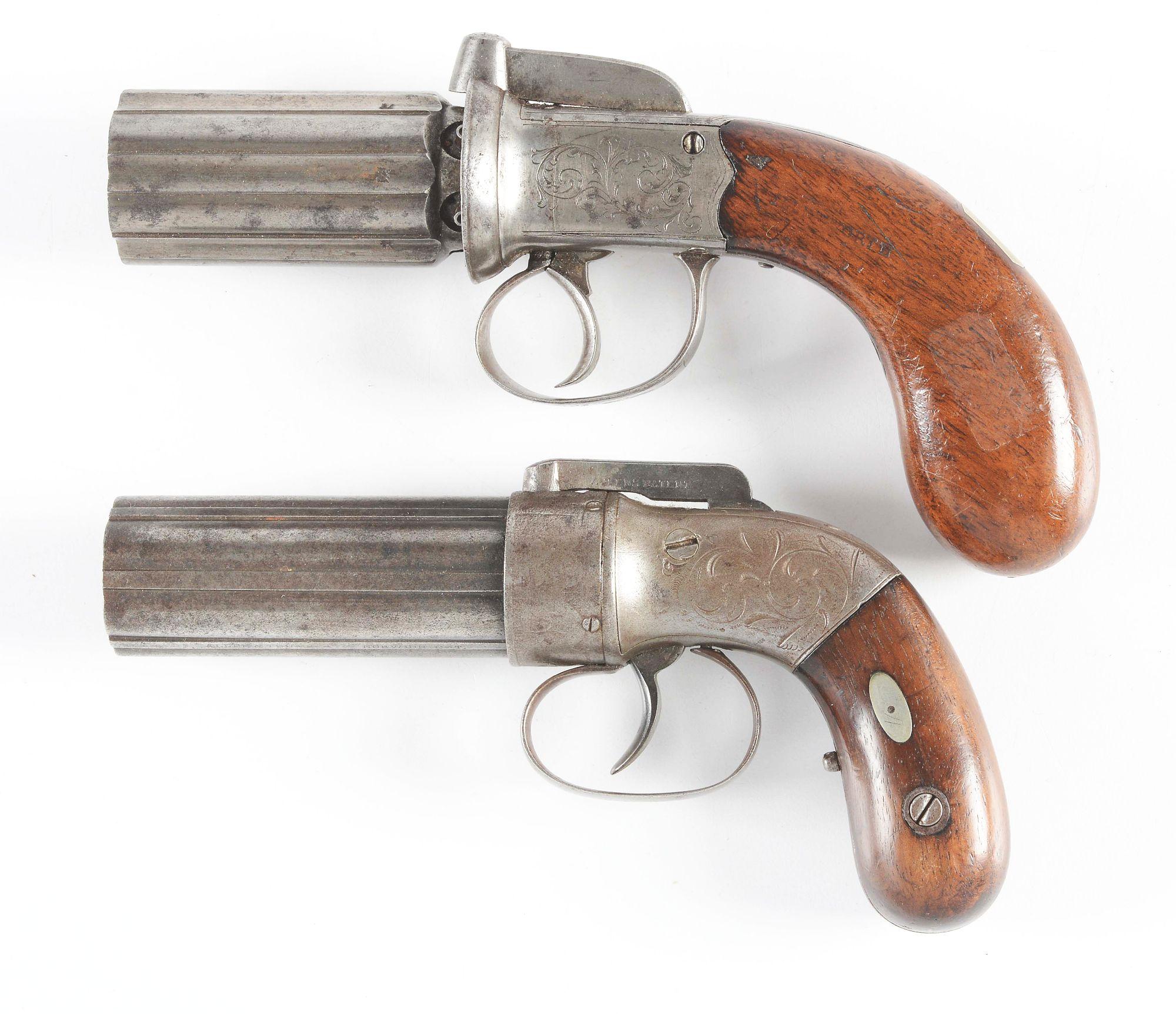 (A) LOT OF TWO PERCUSSION PEPPERBOXES: ONE ENGLISH BY D. EGG AND ONE ALLEN.