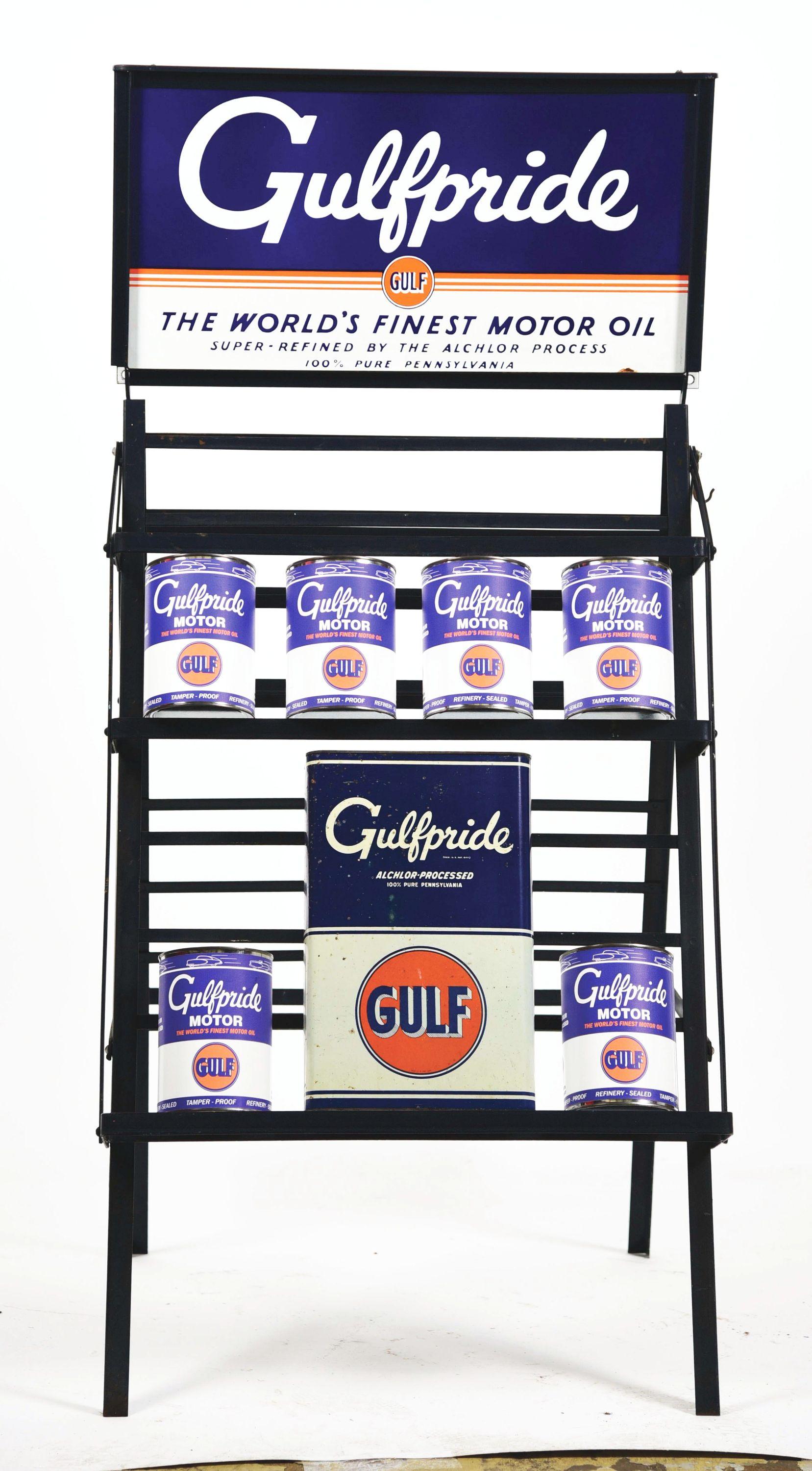 GULFPRIDE MOTOR OIL PORCELAIN SERVICE STATION QUART CAN DISPLAY RACK W/ CANS.