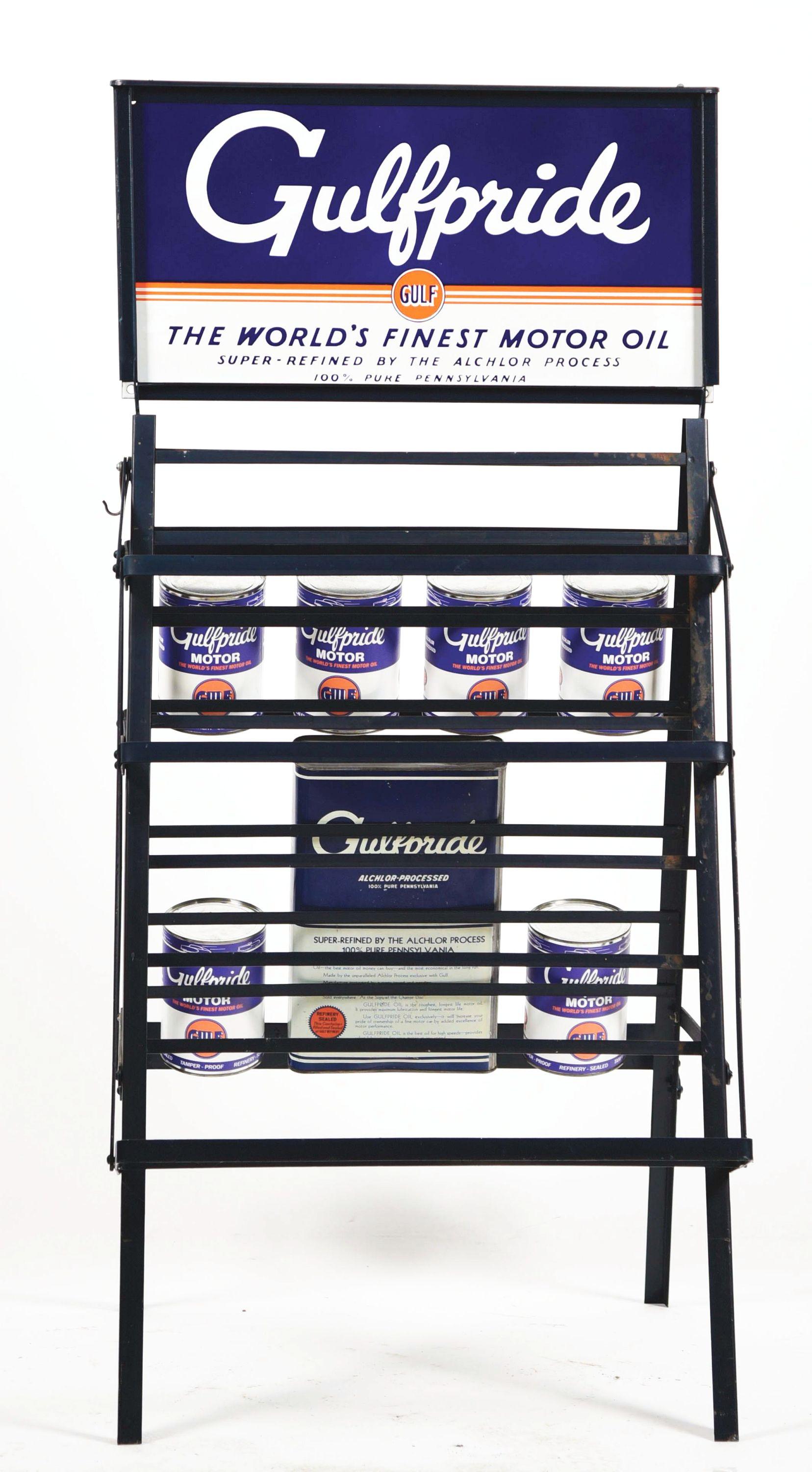 GULFPRIDE MOTOR OIL PORCELAIN SERVICE STATION QUART CAN DISPLAY RACK W/ CANS.
