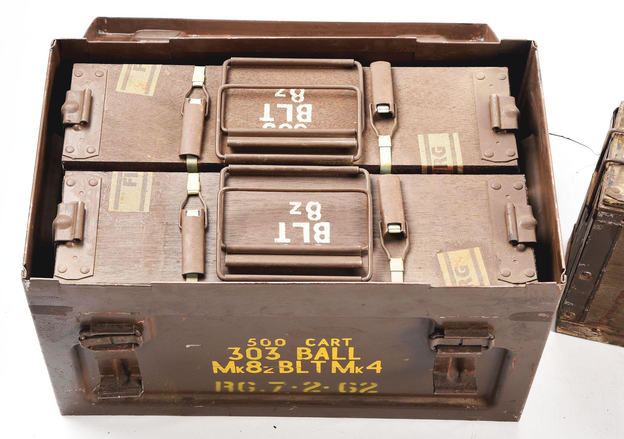 LOT OF 6: 6 WOOD AMMO CRATES OF 3000 ROUNDS OF .303 BRITISH MILITARY AMMUNITION, DATED BETWEEN 1945