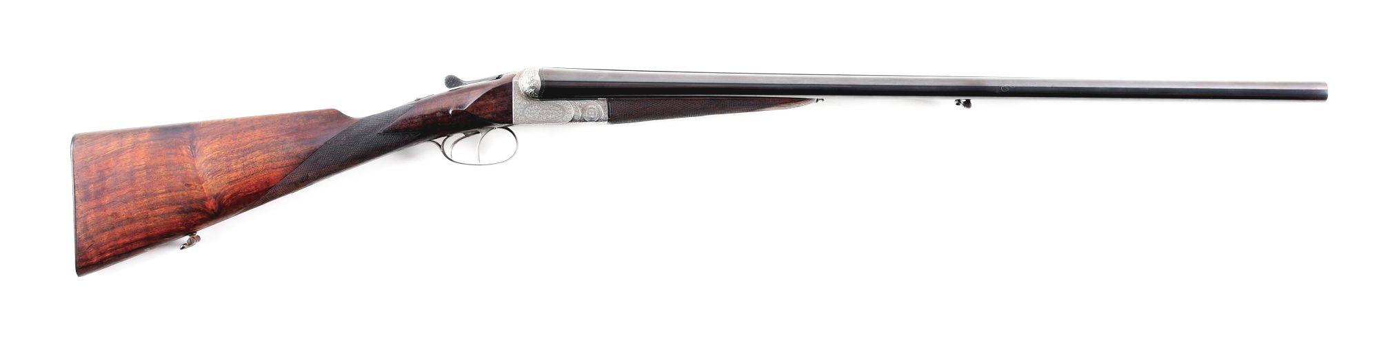 (C) FRANCOTTE 12 GAUGE SIDE BY SIDE SHOTGUN WITH SCOTTISH MOTIFS ON RECOIL SHIELDS.