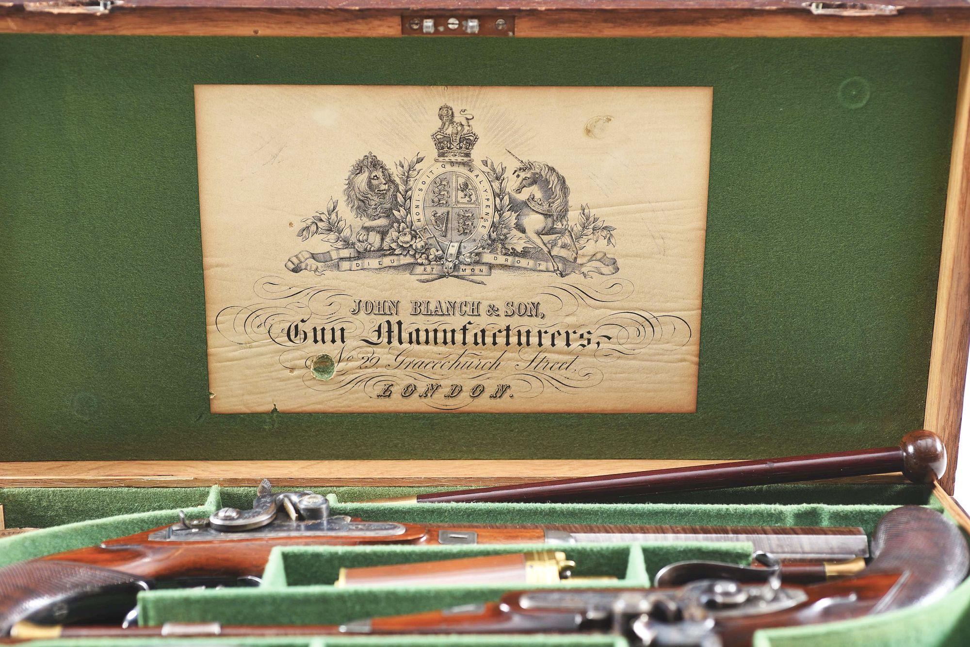 (A) HIGH CONDITION PAIR OF JOHN BLANCH AND SON PERCUSSION DUELING PISTOLS IN CASE.