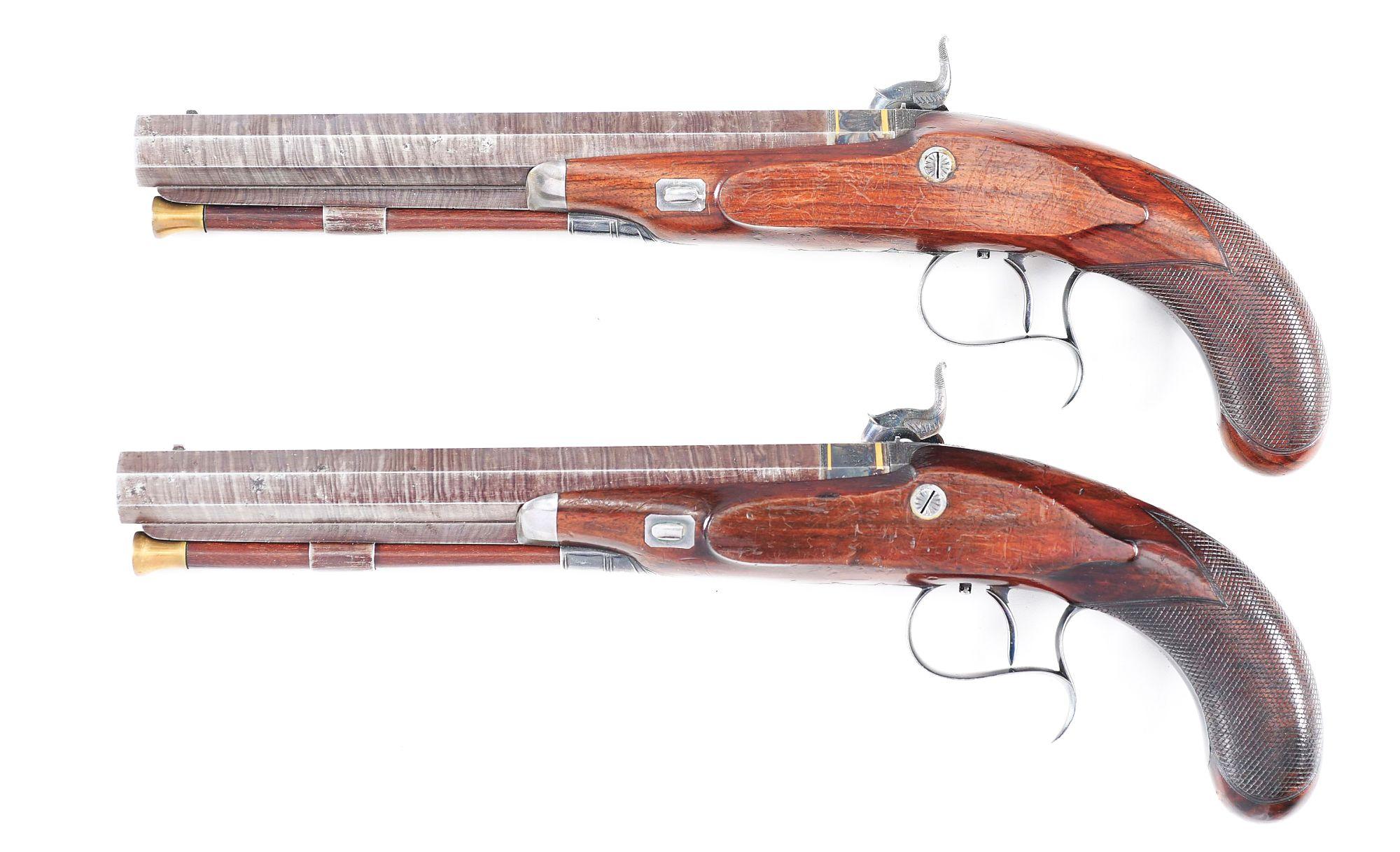 (A) HIGH CONDITION PAIR OF JOHN BLANCH AND SON PERCUSSION DUELING PISTOLS IN CASE.
