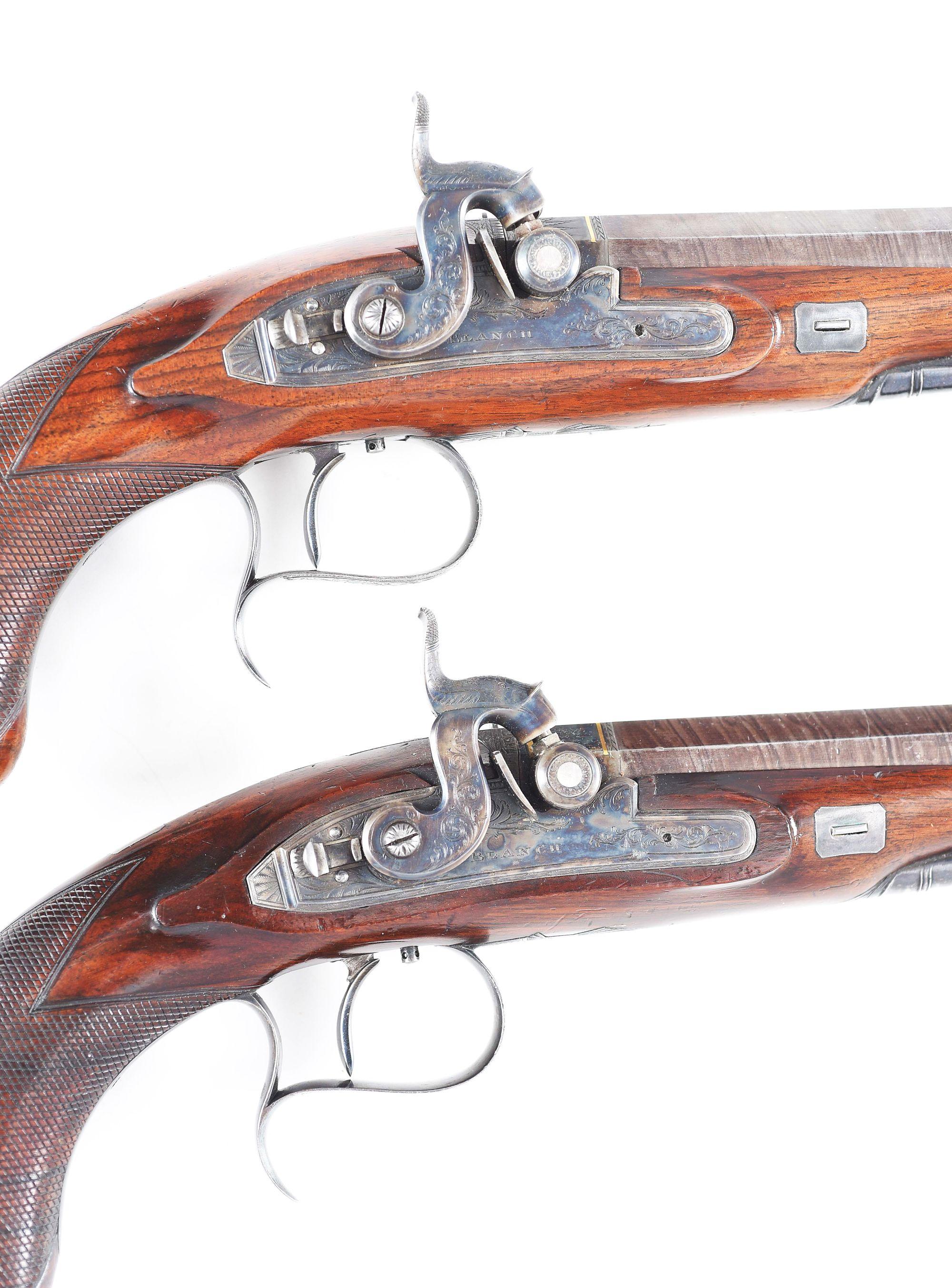 (A) HIGH CONDITION PAIR OF JOHN BLANCH AND SON PERCUSSION DUELING PISTOLS IN CASE.