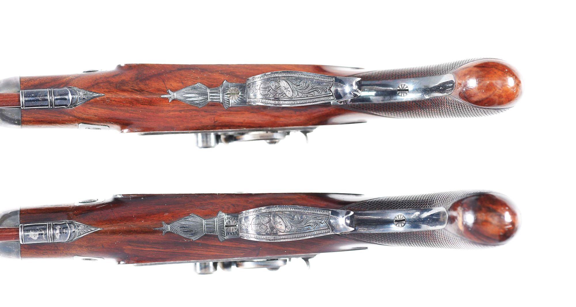 (A) HIGH CONDITION PAIR OF JOHN BLANCH AND SON PERCUSSION DUELING PISTOLS IN CASE.