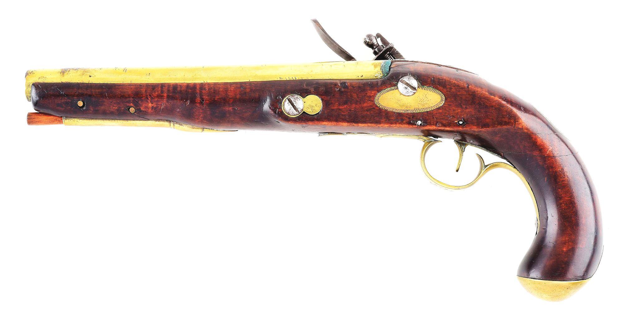 (A) UNSIGNED BRASS BARRELED FLINTLOCK KENTUCKY PISTOL.