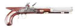 (A) AMERICAN SILVER MOUNTED SAW HANDLE FLINTLOCK DUELING OR TARGET PISTOL BY H. T. COOPER.