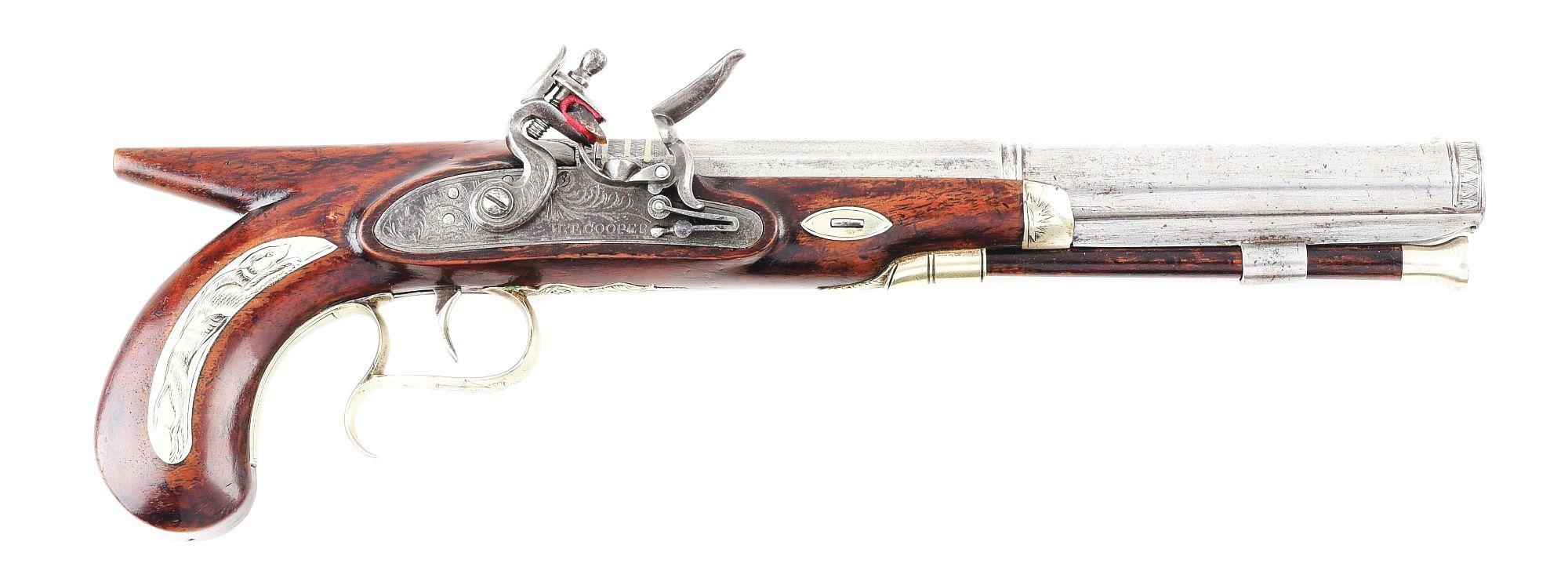 (A) AMERICAN SILVER MOUNTED SAW HANDLE FLINTLOCK DUELING OR TARGET PISTOL BY H. T. COOPER.