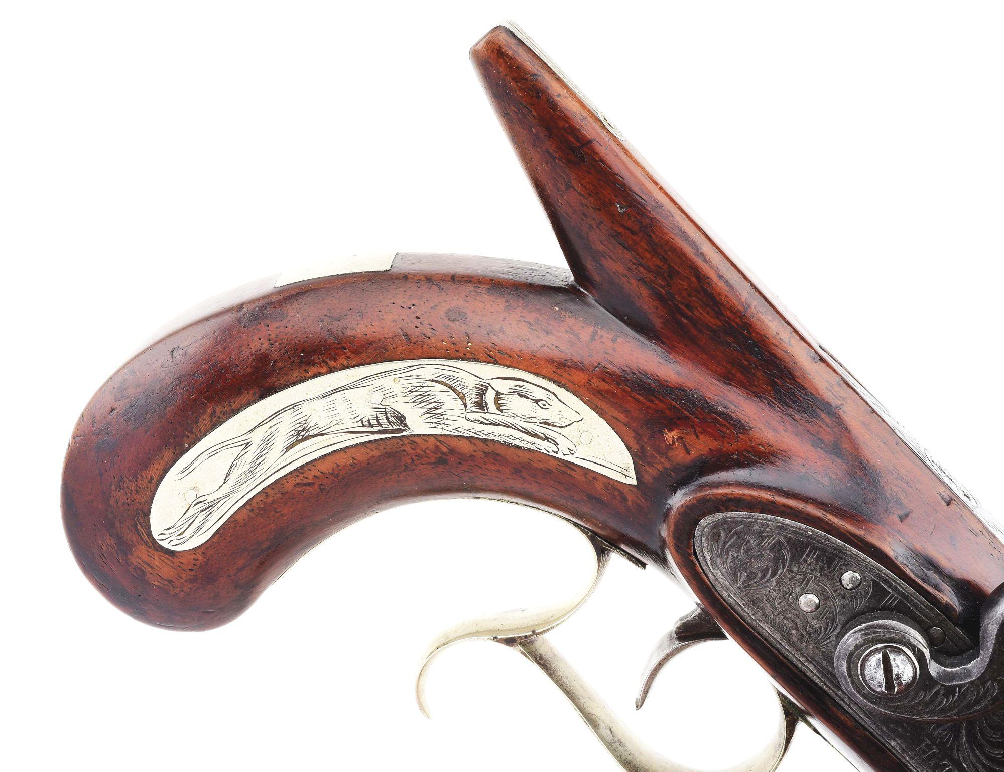 (A) AMERICAN SILVER MOUNTED SAW HANDLE FLINTLOCK DUELING OR TARGET PISTOL BY H. T. COOPER.