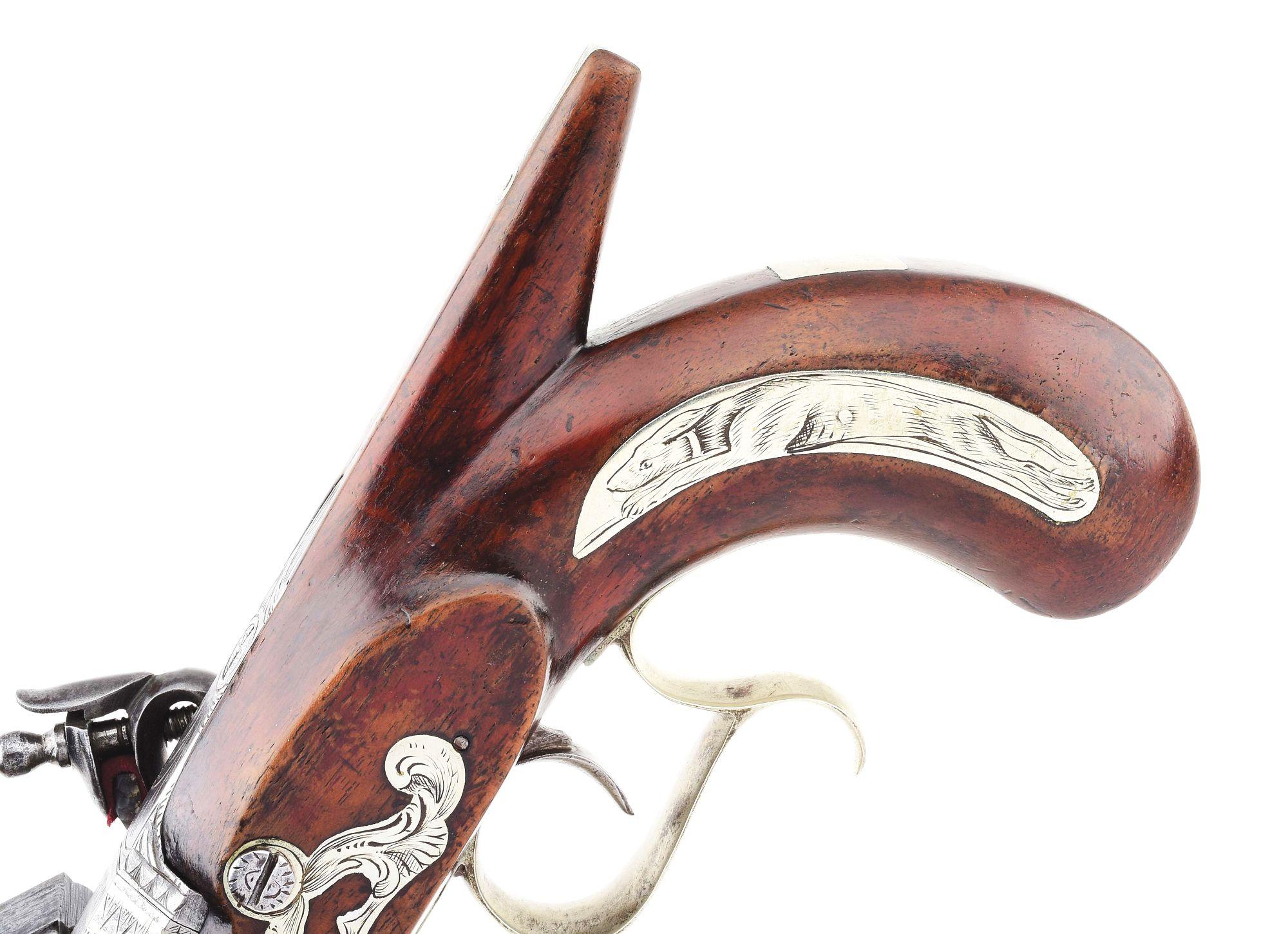 (A) AMERICAN SILVER MOUNTED SAW HANDLE FLINTLOCK DUELING OR TARGET PISTOL BY H. T. COOPER.