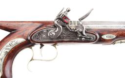 (A) AMERICAN SILVER MOUNTED SAW HANDLE FLINTLOCK DUELING OR TARGET PISTOL BY H. T. COOPER.