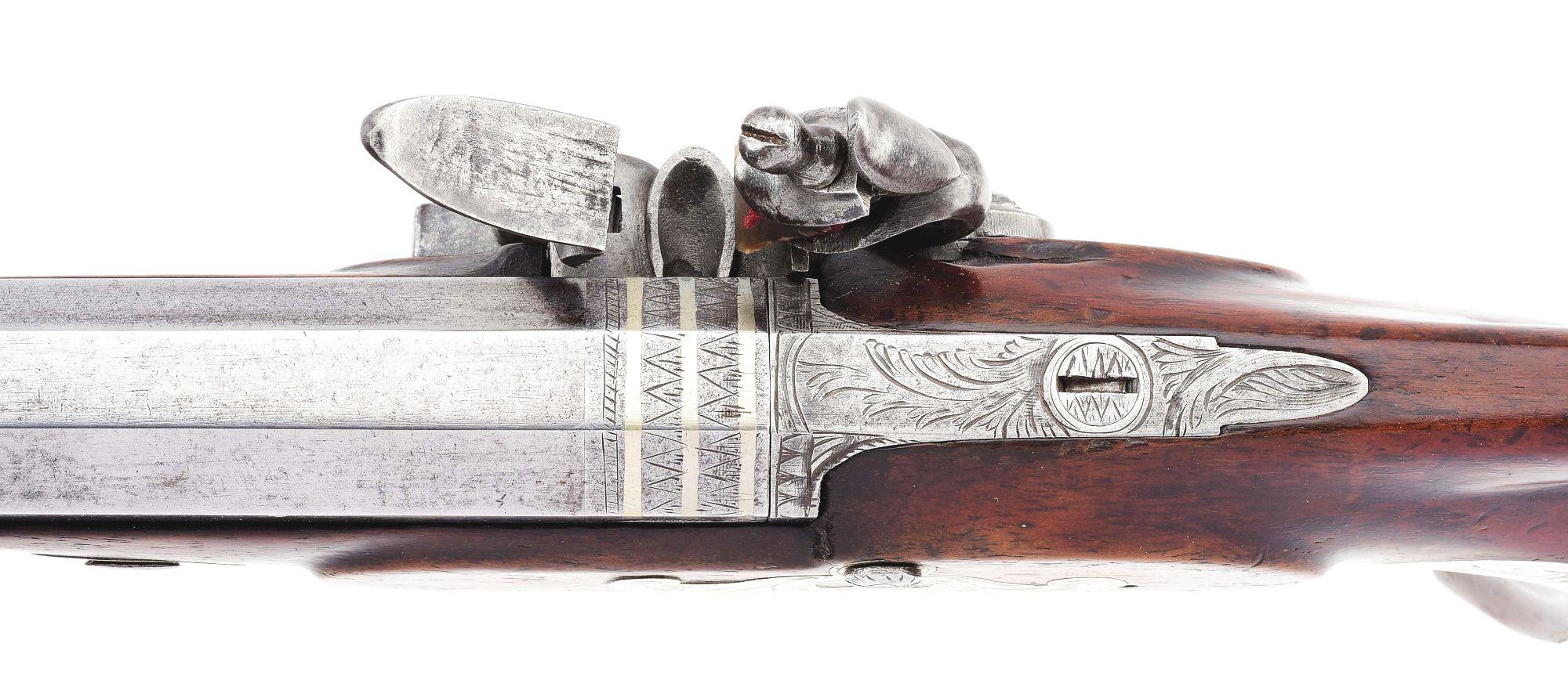 (A) AMERICAN SILVER MOUNTED SAW HANDLE FLINTLOCK DUELING OR TARGET PISTOL BY H. T. COOPER.