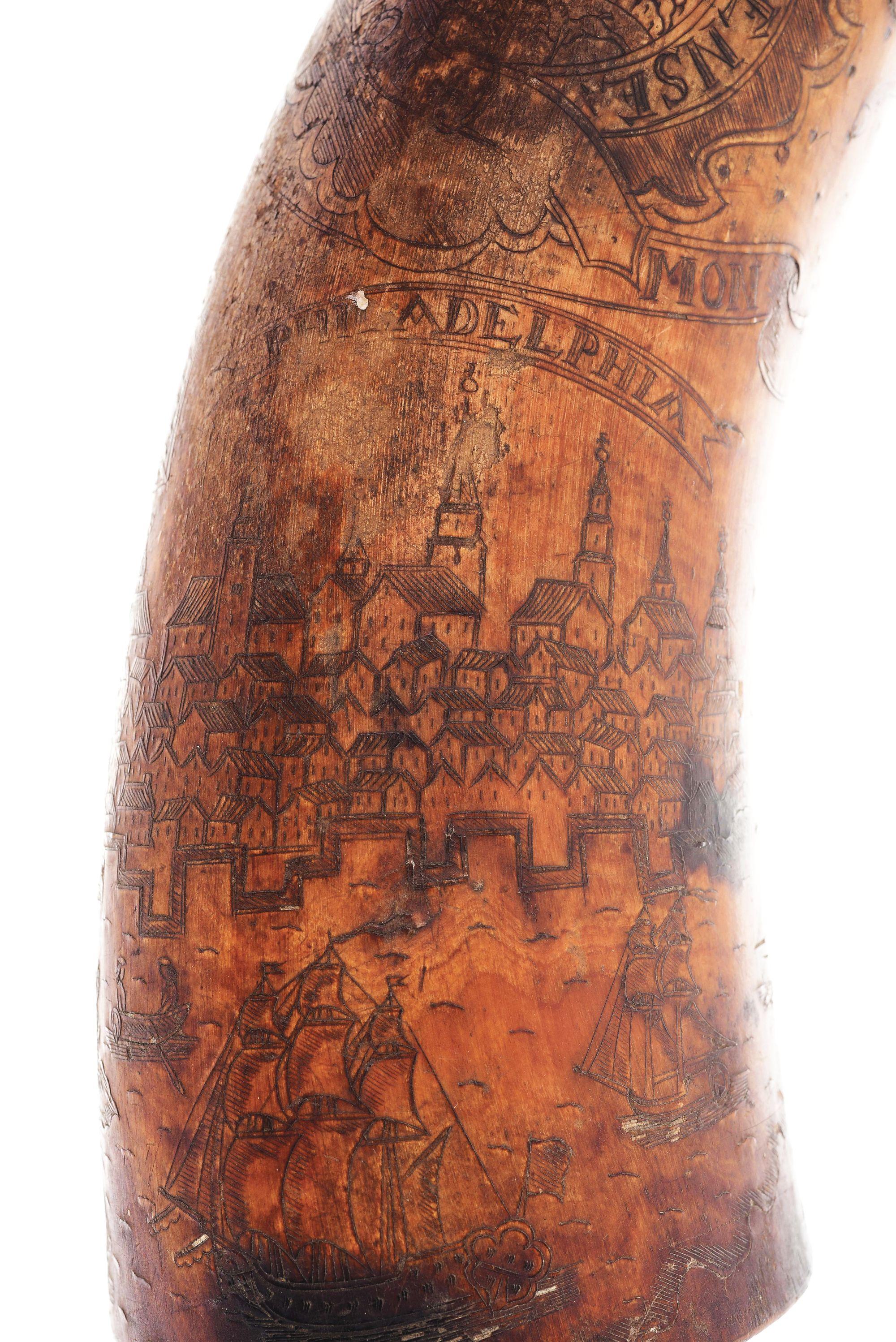 ENGRAVED PHILADELPHIA MAP POWDER HORN OF JOHN PURVIANCE, DATED 1768, ATTRIBUTED TO THE POINTED TREE