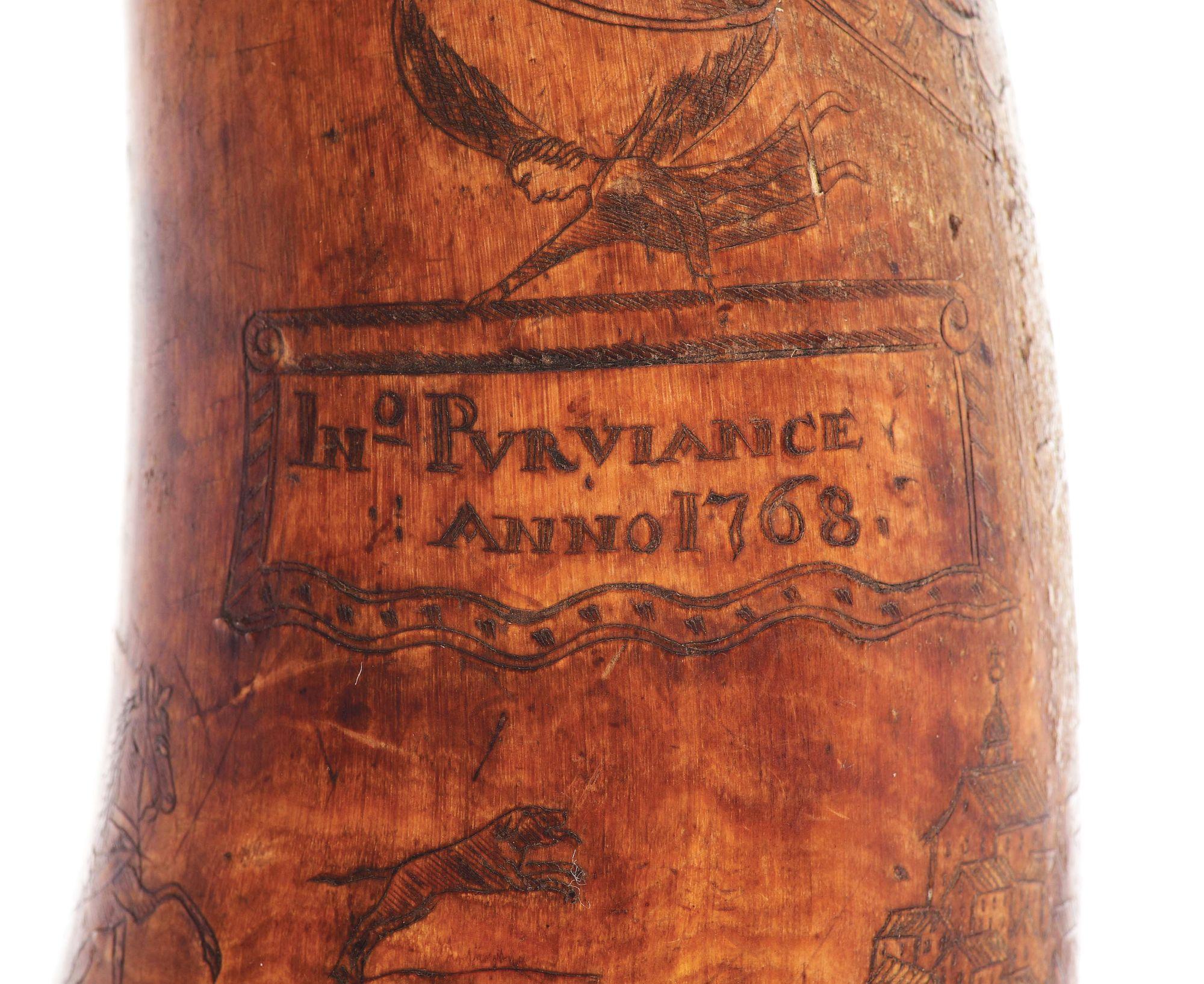 ENGRAVED PHILADELPHIA MAP POWDER HORN OF JOHN PURVIANCE, DATED 1768, ATTRIBUTED TO THE POINTED TREE