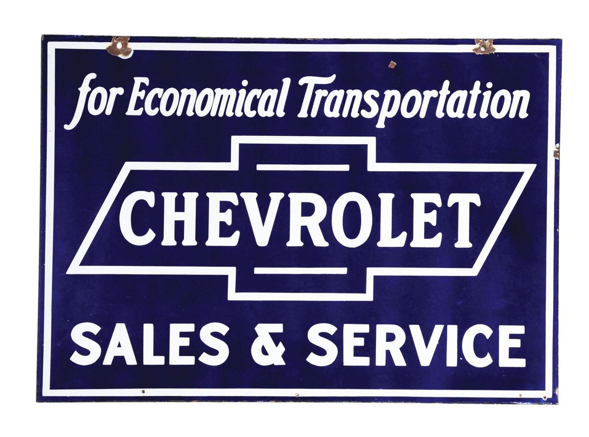 CHEVROLET SALES & SERVICE PORCELAIN SIGN W/ BOW TIE GRAPHIC.