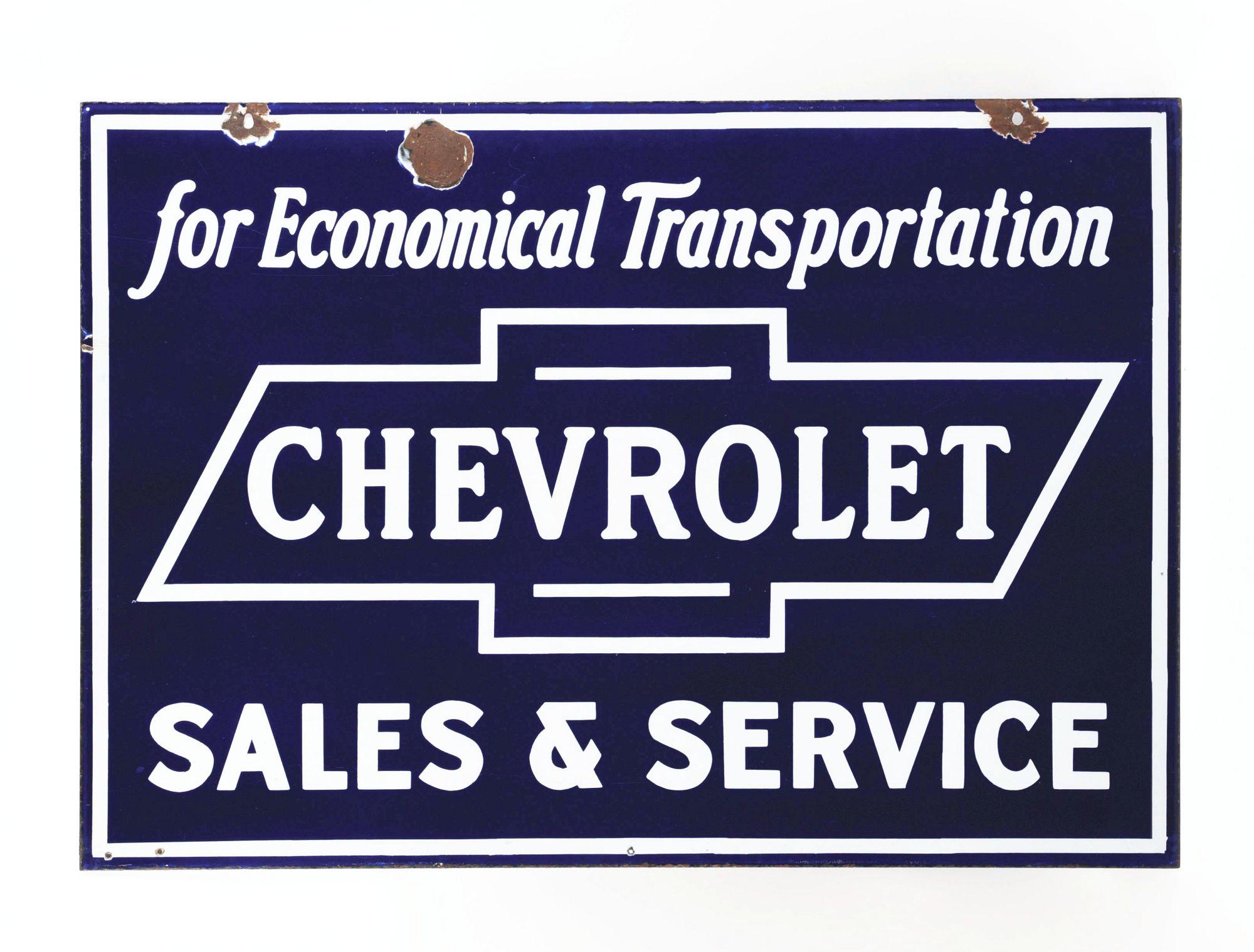 CHEVROLET SALES & SERVICE PORCELAIN SIGN W/ BOW TIE GRAPHIC.