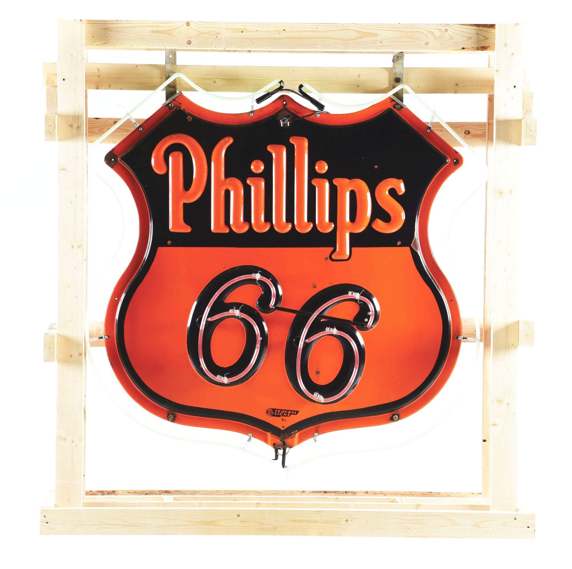 PHILLIPS 66 GASOLINE EMBOSSED PORCELAIN DOUBLE SIDED NEON SIGN.