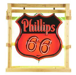 PHILLIPS 66 GASOLINE EMBOSSED PORCELAIN DOUBLE SIDED NEON SIGN.