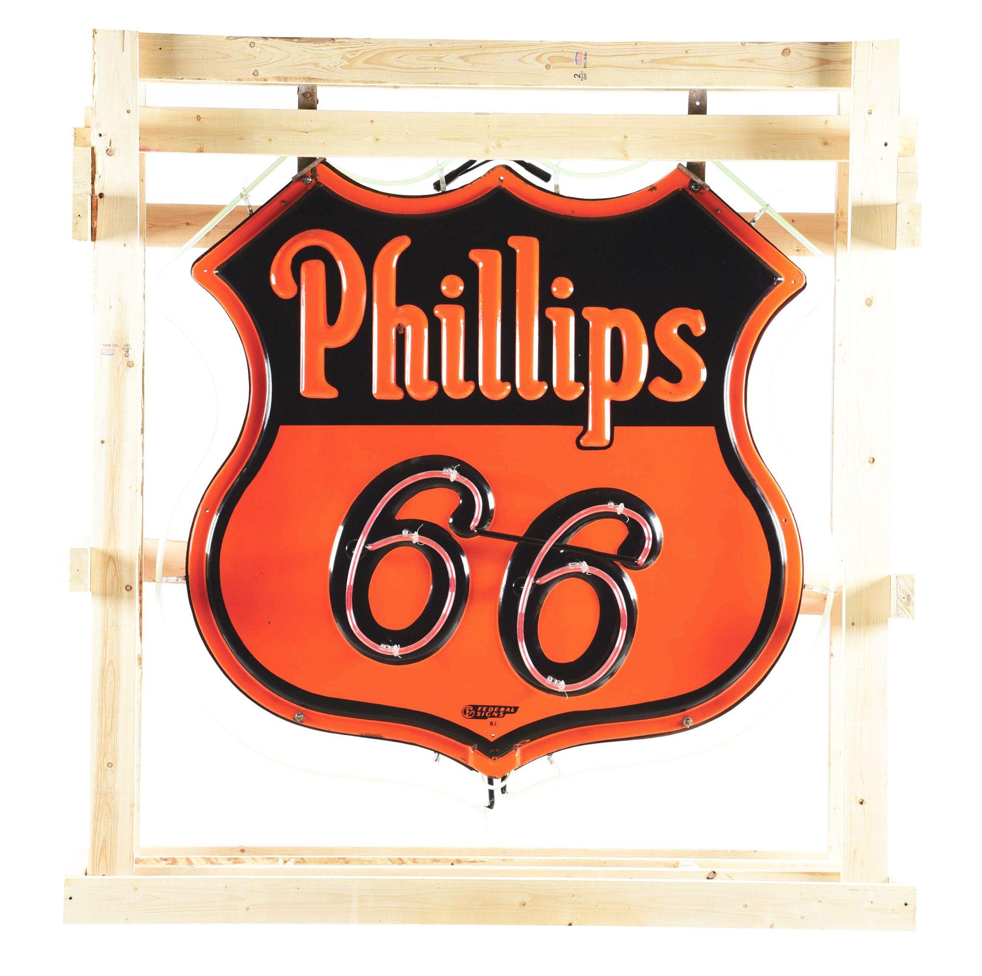 PHILLIPS 66 GASOLINE EMBOSSED PORCELAIN DOUBLE SIDED NEON SIGN.