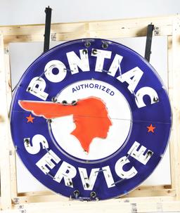 OUTSTANDING PONTIAC SERVICE COMPLETE PORCELAIN NEON SIGN ON METAL CAN.