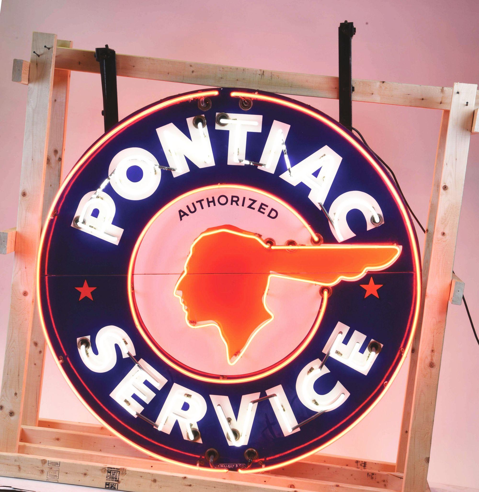 OUTSTANDING PONTIAC SERVICE COMPLETE PORCELAIN NEON SIGN ON METAL CAN.