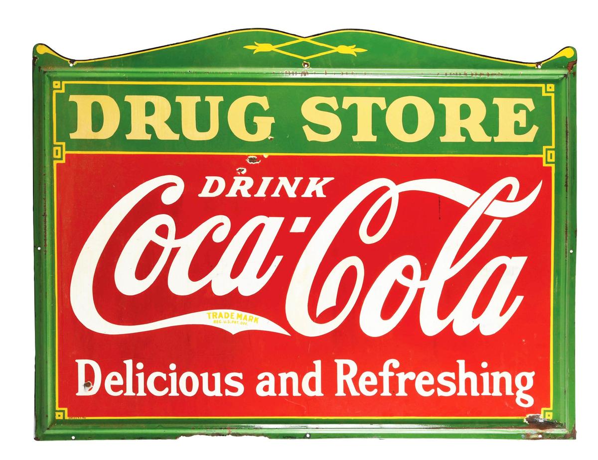 DRINK COCA COLA DRUG STORE PORCELAIN SIGN W/ MARQUEE BORDER.