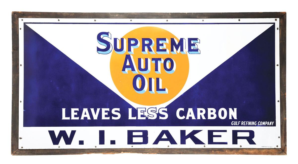 RARE & OUTSTANDING GULF SUPREME AUTO OIL PORCELAIN SERVICE STATION SIGN W/ ORIGINAL WOOD FRAME FOR W
