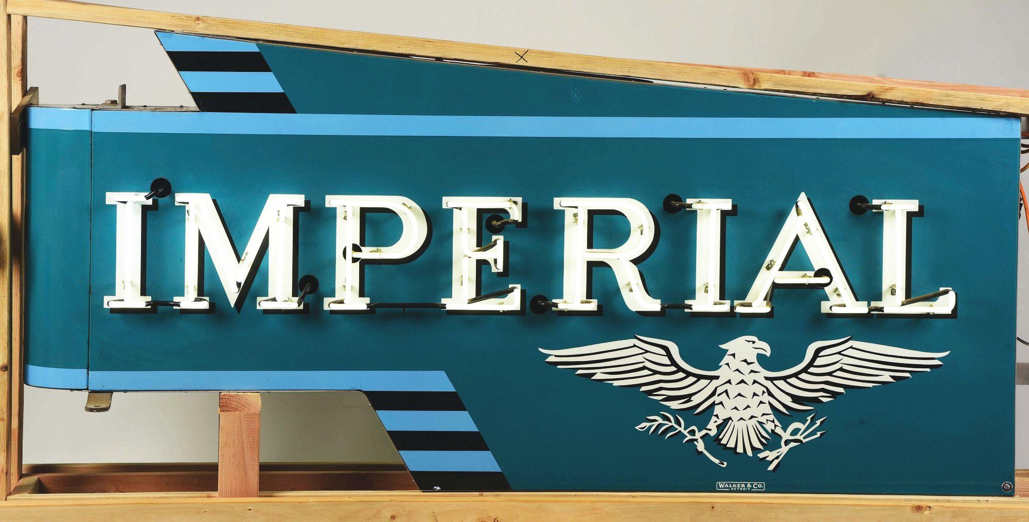 RARE & OUTSTANDING IMPERIAL AUTOMOBILES PORCELAIN & NEON DEALERSHIP SIGN W/ BULLNOSE ATTACHMENT.