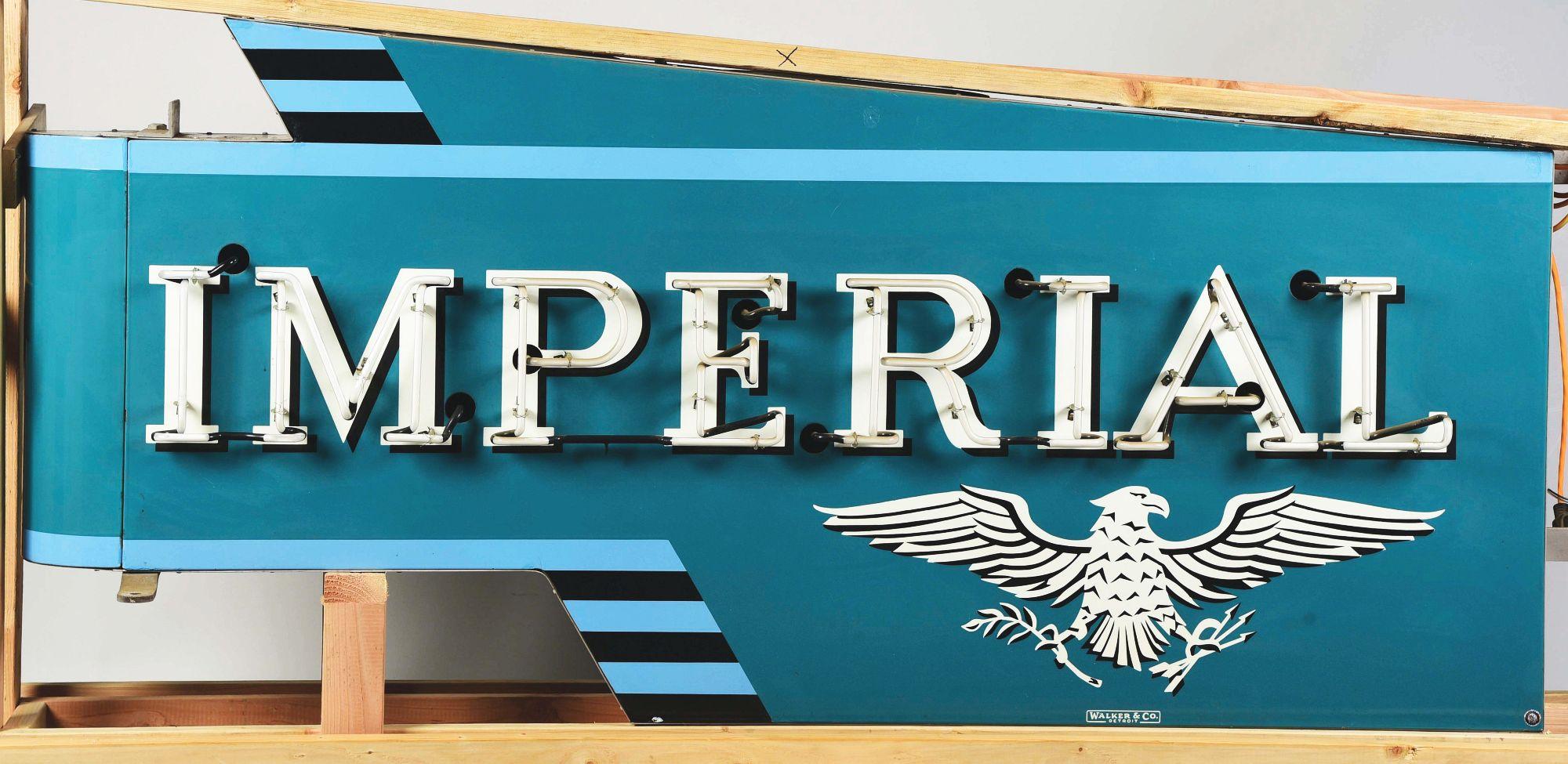 RARE & OUTSTANDING IMPERIAL AUTOMOBILES PORCELAIN & NEON DEALERSHIP SIGN W/ BULLNOSE ATTACHMENT.