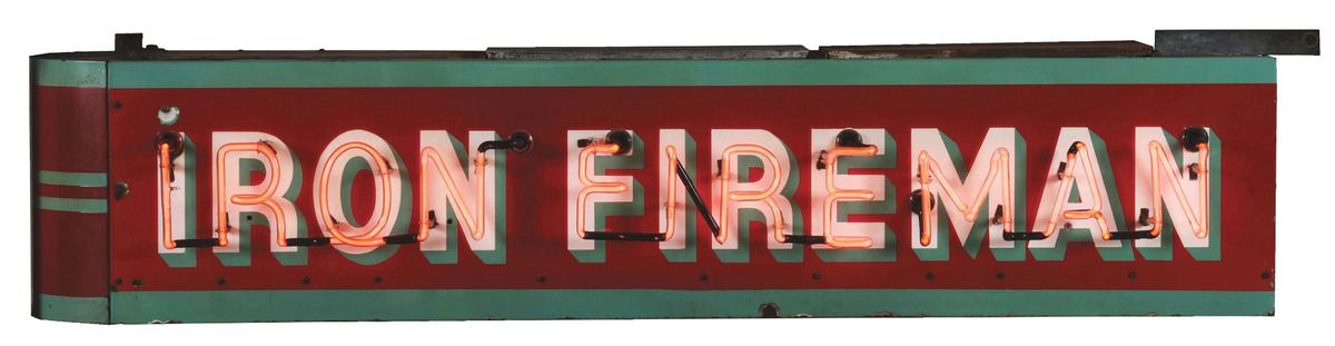 IRON FIREMAN COAL STOKER COMPLETE PORCELAIN NEON SIGN W/ BULLNOSE ATTACHMENT.