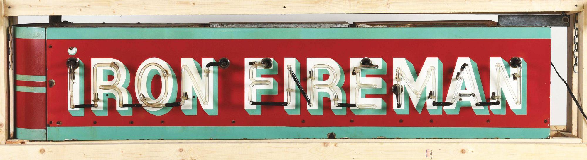 IRON FIREMAN COAL STOKER COMPLETE PORCELAIN NEON SIGN W/ BULLNOSE ATTACHMENT.