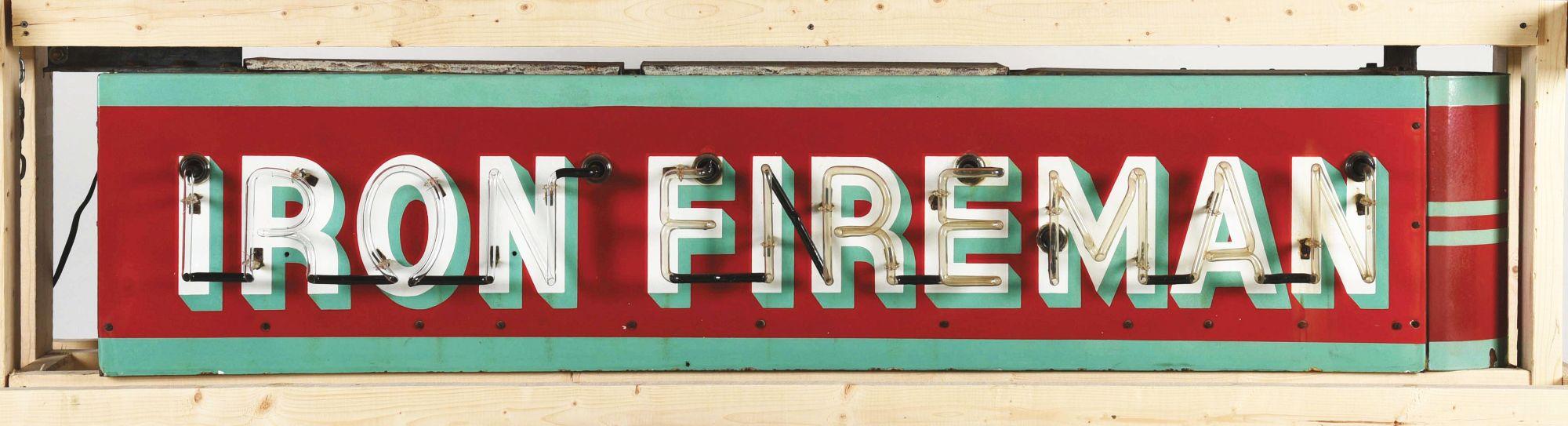 IRON FIREMAN COAL STOKER COMPLETE PORCELAIN NEON SIGN W/ BULLNOSE ATTACHMENT.