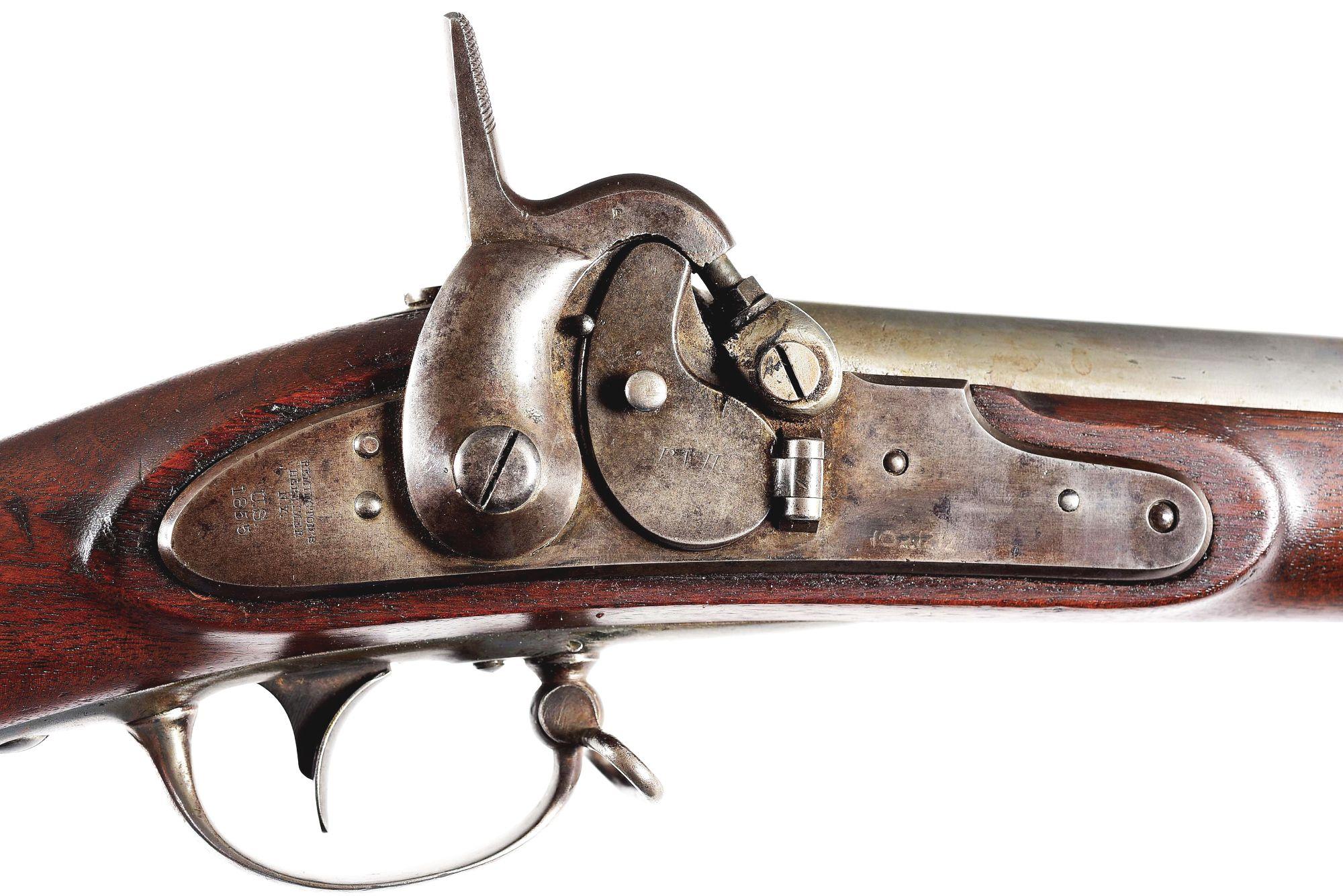 (A) US M1816 MUSKET CONVERTED TO PERCUSSION BY REMINGTON AND DATED 1855.