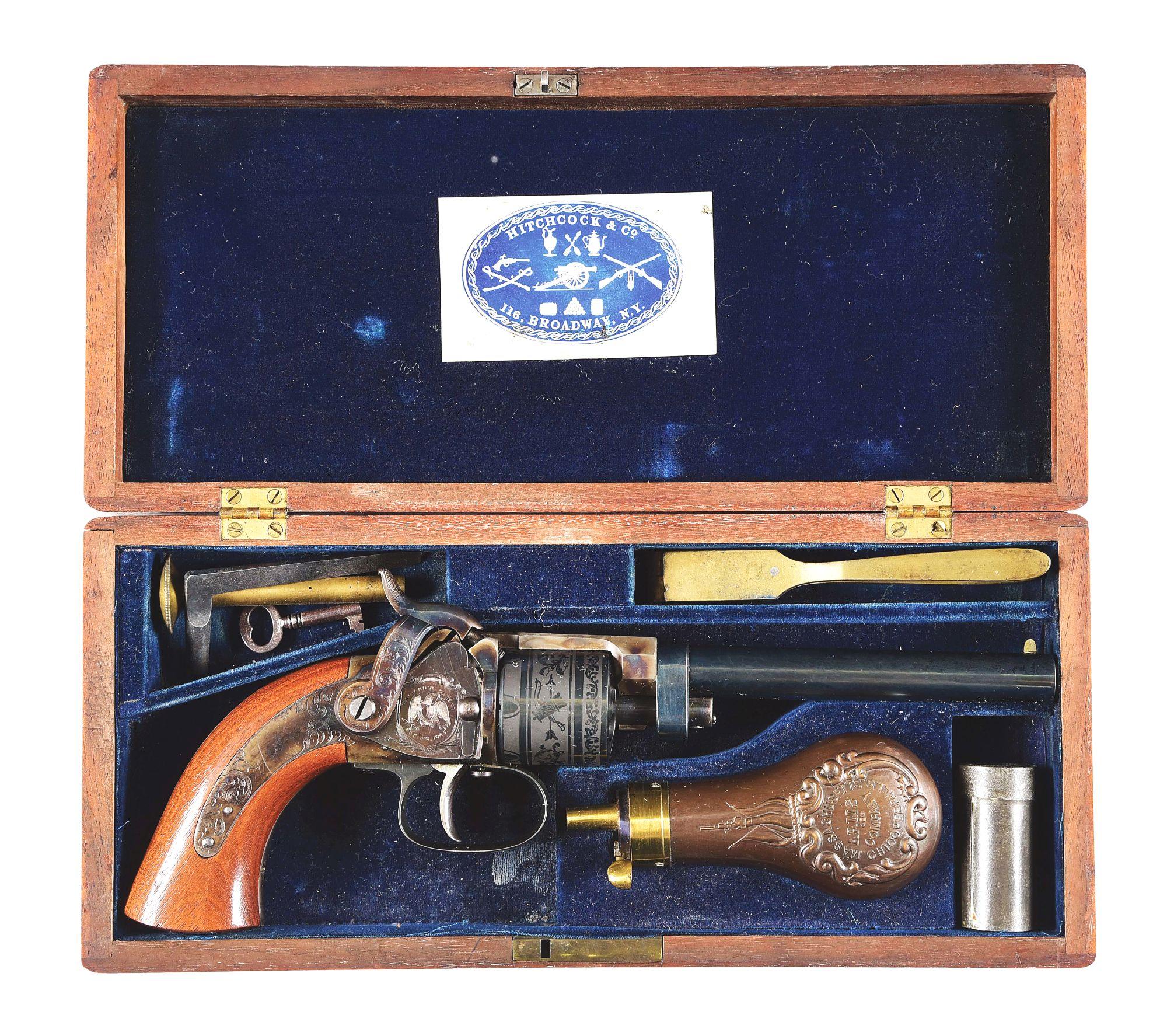 (A) EXTREMELY FINE MASSACHUSETTS ARMS COMPANY MAYNARD PERCUSSION BELT REVOLVER IN CASE WITH ACCOUTRE