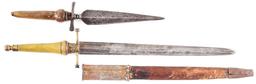 LOT OF 2: EARLY 18TH CENURY PLUG BAYONETS, ONE WITH SCABBARD.