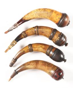 LOT OF 4: CONTEMPORARY BONE TIPPED AND BANDED POWDER HORNS.