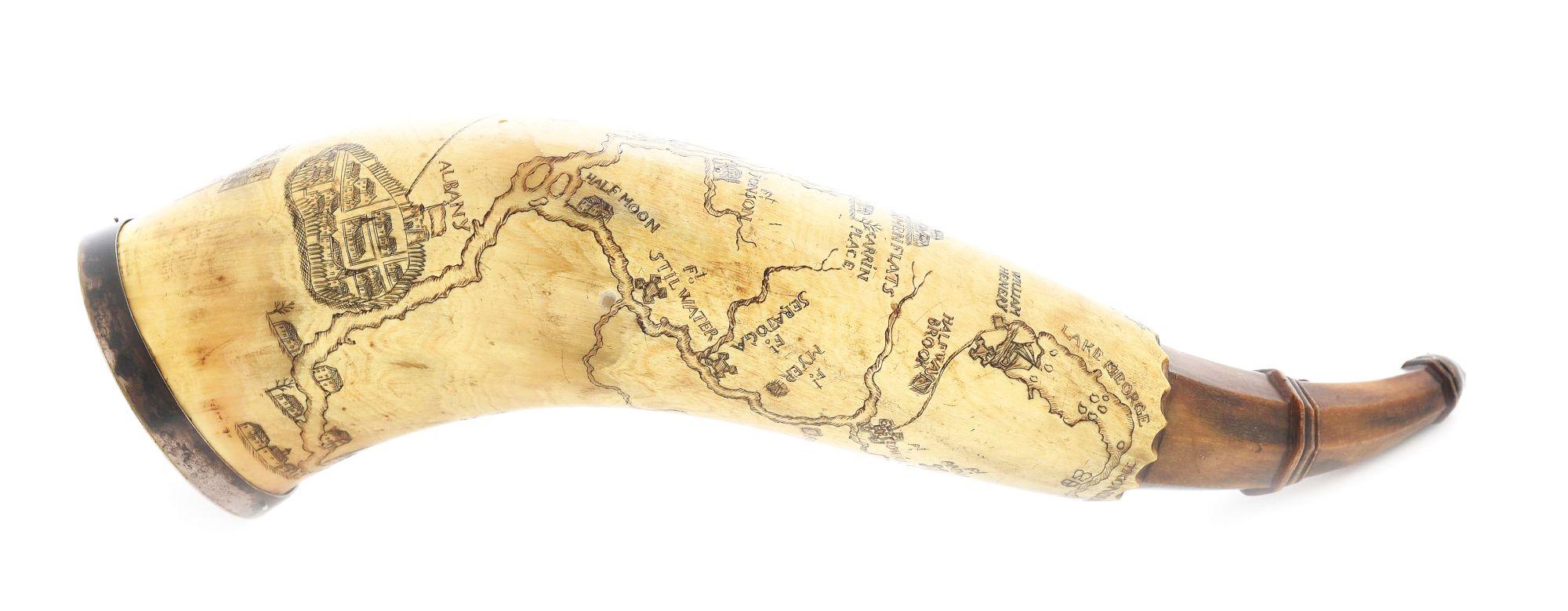 ENGRAVED FRENCH AND INDIAN WAR NEW YORK MAP POWDER HORN WITH PROVENANCE.