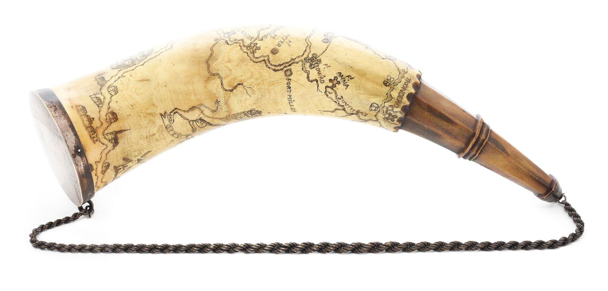 ENGRAVED FRENCH AND INDIAN WAR NEW YORK MAP POWDER HORN WITH PROVENANCE.