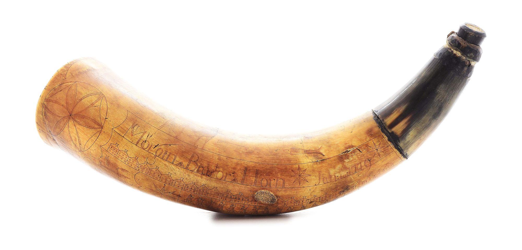 ENGRAVED REVOLUTIONARY WAR POWDER HORN OF MORGIN BRUSTOR, DATED 1779.