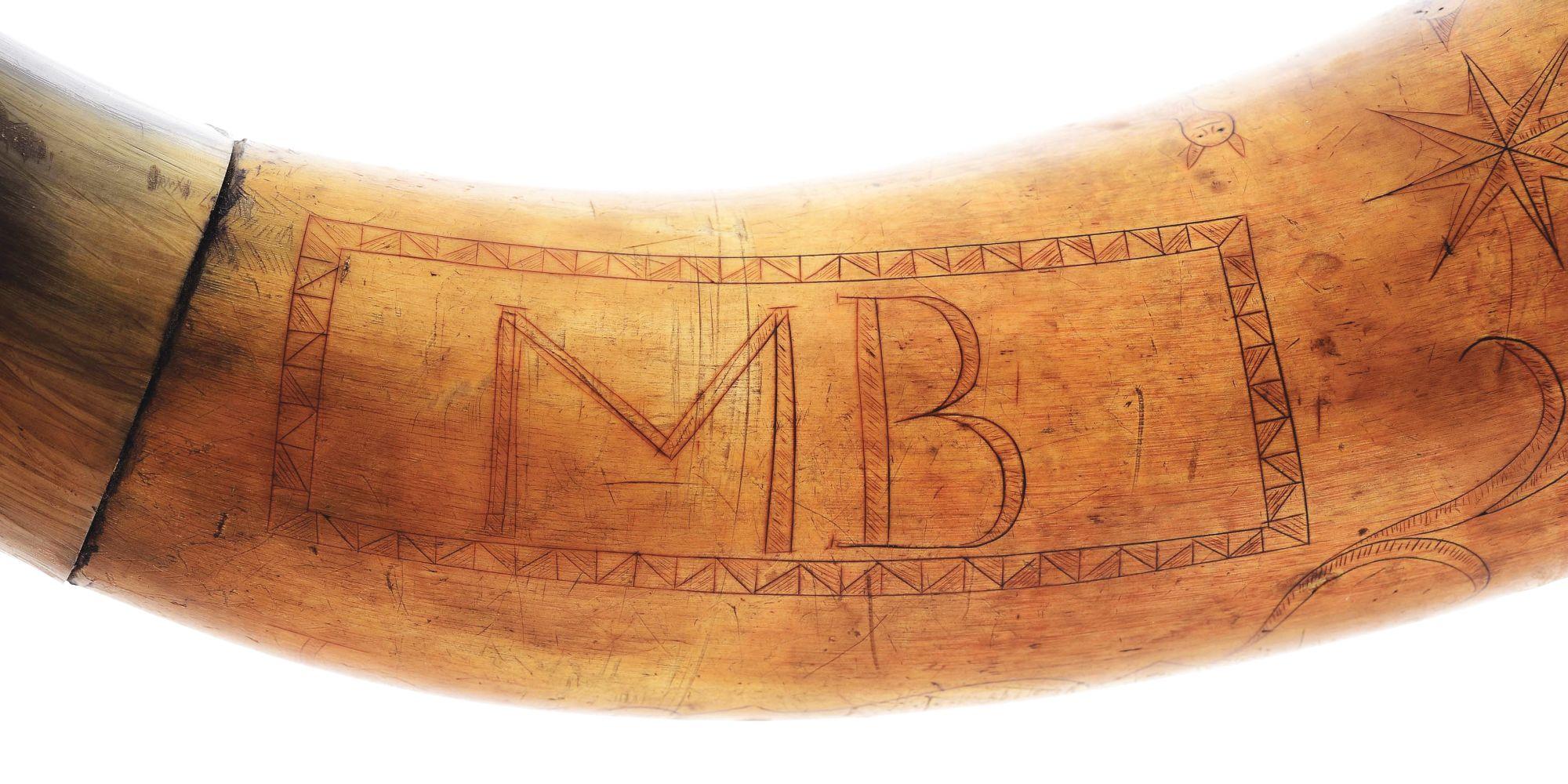 ENGRAVED REVOLUTIONARY WAR POWDER HORN OF MORGIN BRUSTOR, DATED 1779.