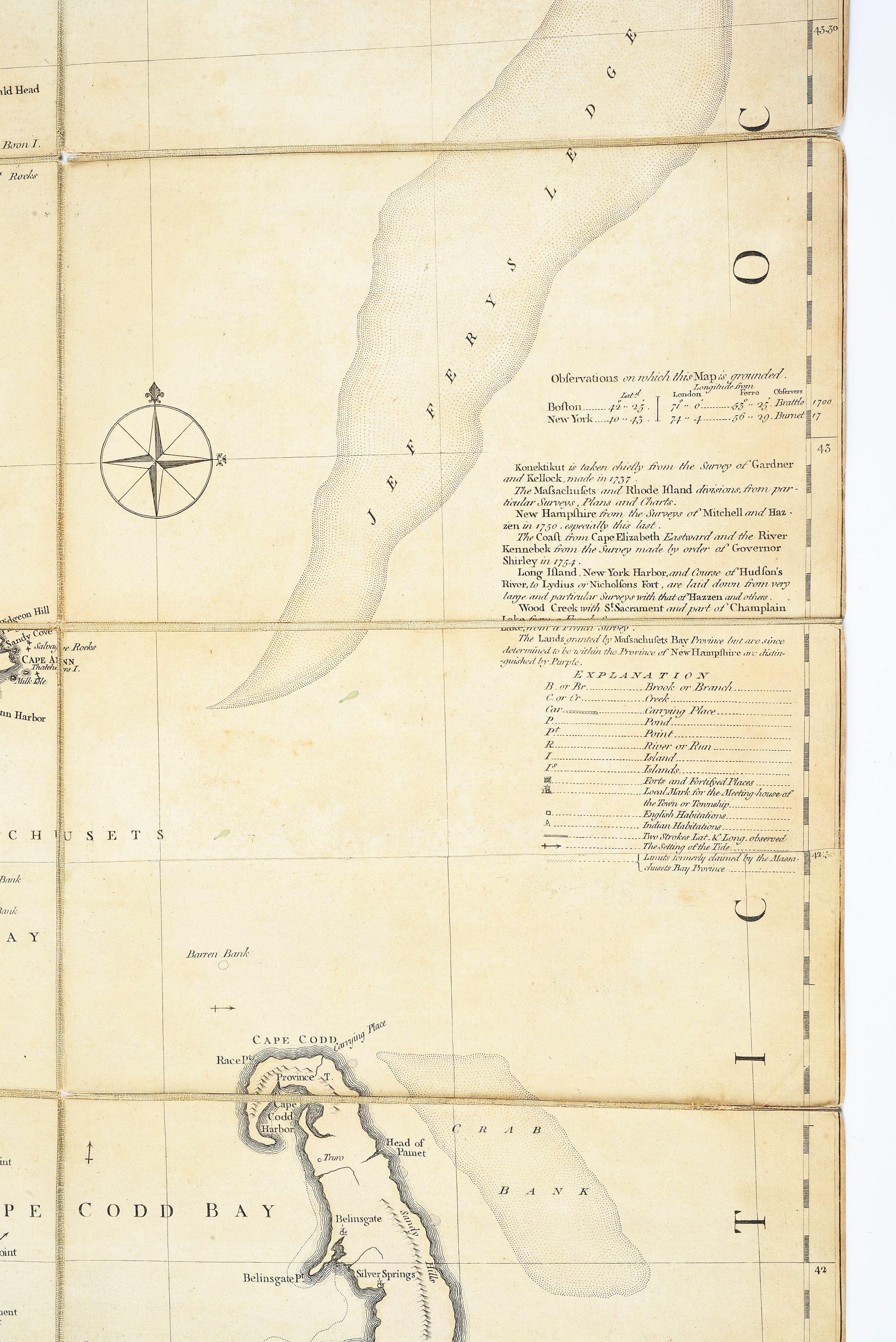 REVOLUTIONARY WAR THOMAS JEFFERYS 1774 MAP OF NEW ENGLAND LINEN CLOTH MOUNT.