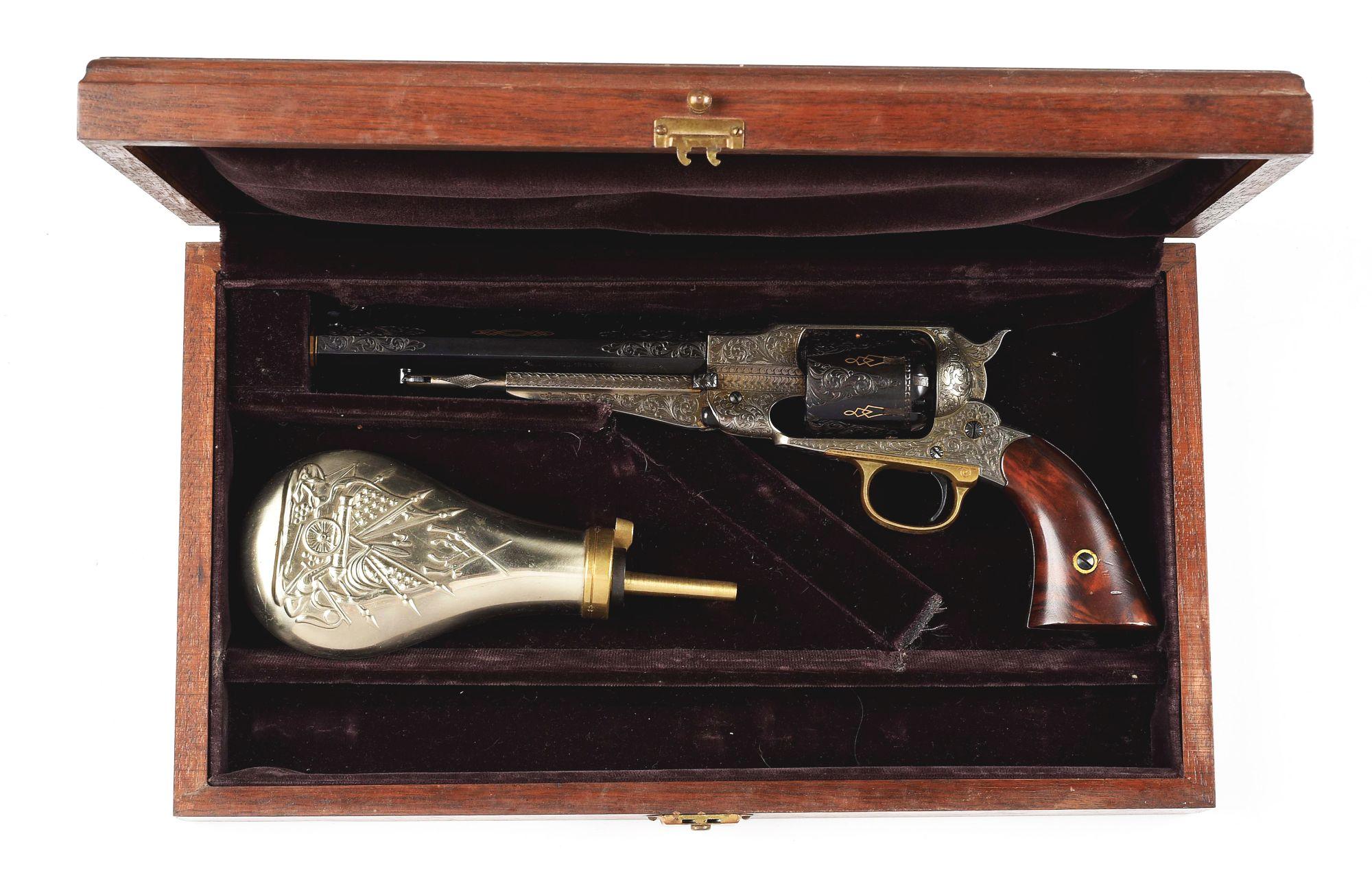 (A) ENGRAVED ITALIAN UBERTI REMINGTON 1858 .44 PERCUSSION REVOLVER WITH POWDER FLASK AND CASE.