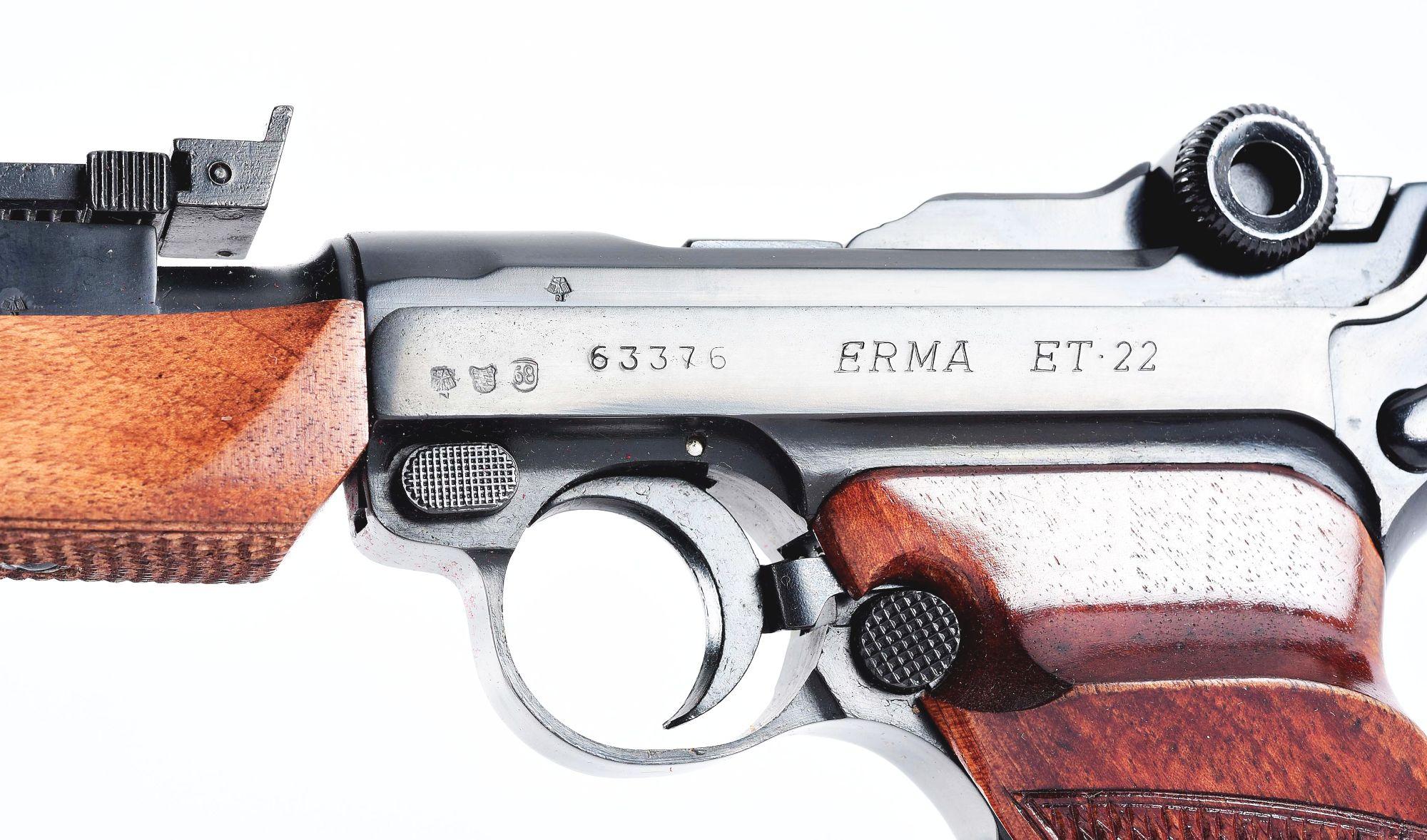 (C) RARE ERMA ET-22 "NAVY LUGER" SEMI-AUTOMATIC .22 LR PISTOL WITH LEATHERETTE CASE & MATCHING FACTO