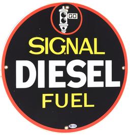 VERY RARE SIGNAL DIESEL FUEL PORCELAIN PUMP PLATE SIGN W/ STOPLIGHT GRAPHIC.