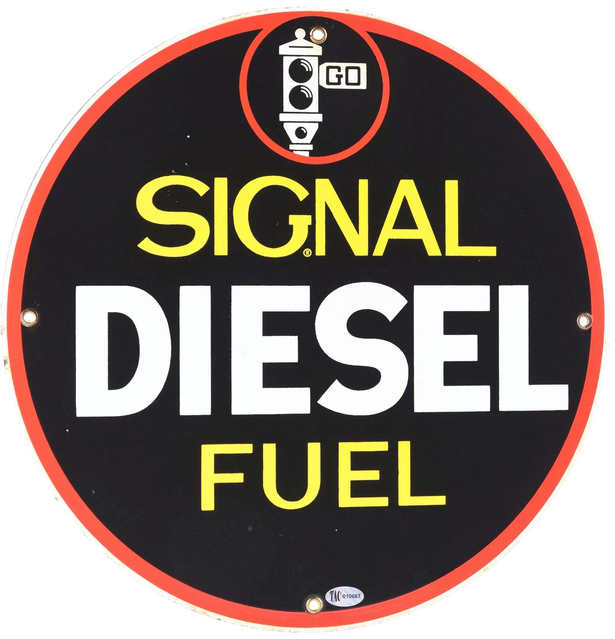 VERY RARE SIGNAL DIESEL FUEL PORCELAIN PUMP PLATE SIGN W/ STOPLIGHT GRAPHIC.