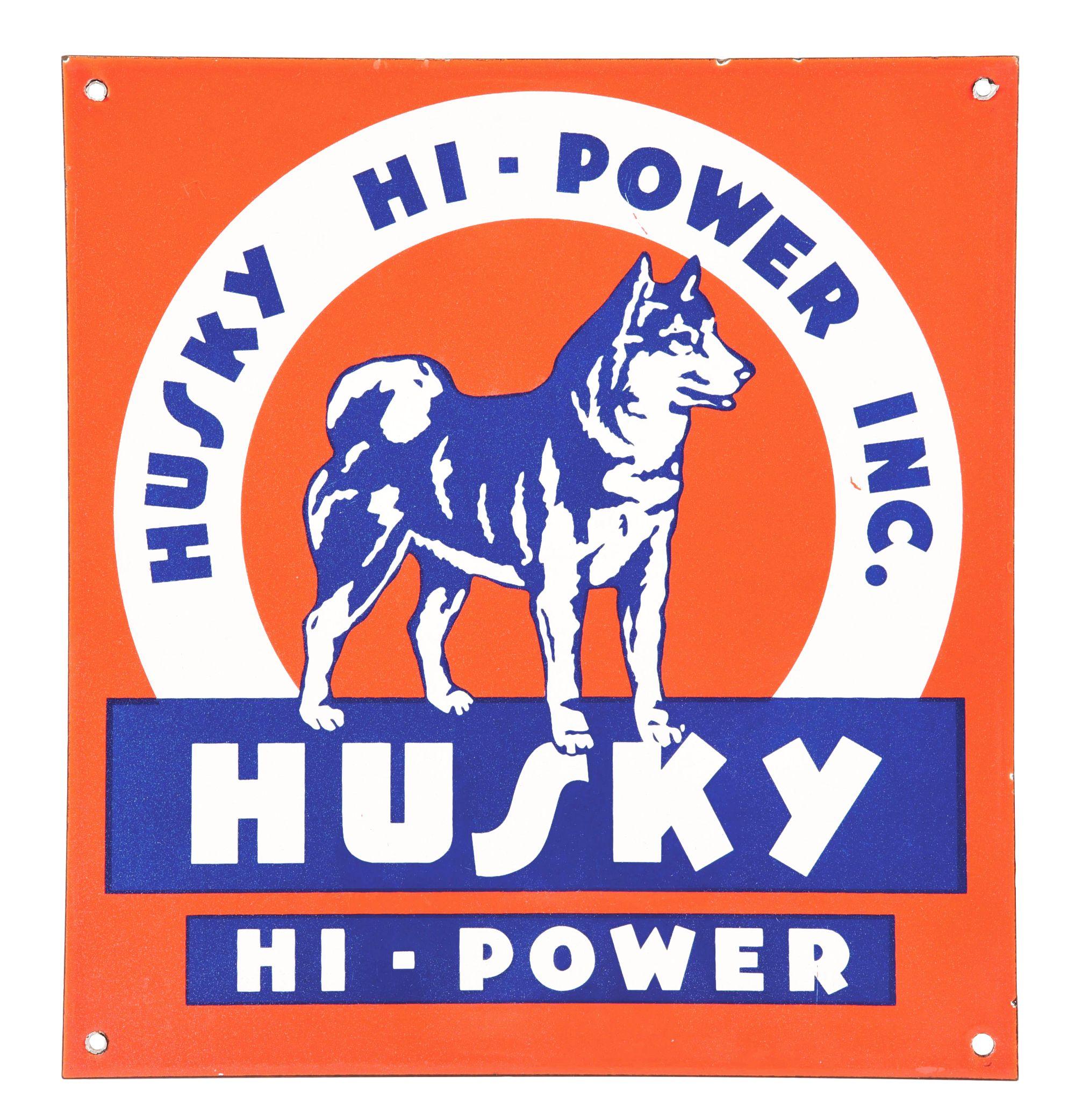 RARE & OUTSTANDING HUSKY HI POWER GASOLINE PORCELAIN SERVICE STATION SIGN.