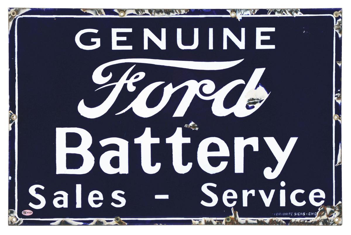 SINGLE SIDED PORCELAIN GENUINE FORD BATTERY SALES AND SERVICE SIGN.