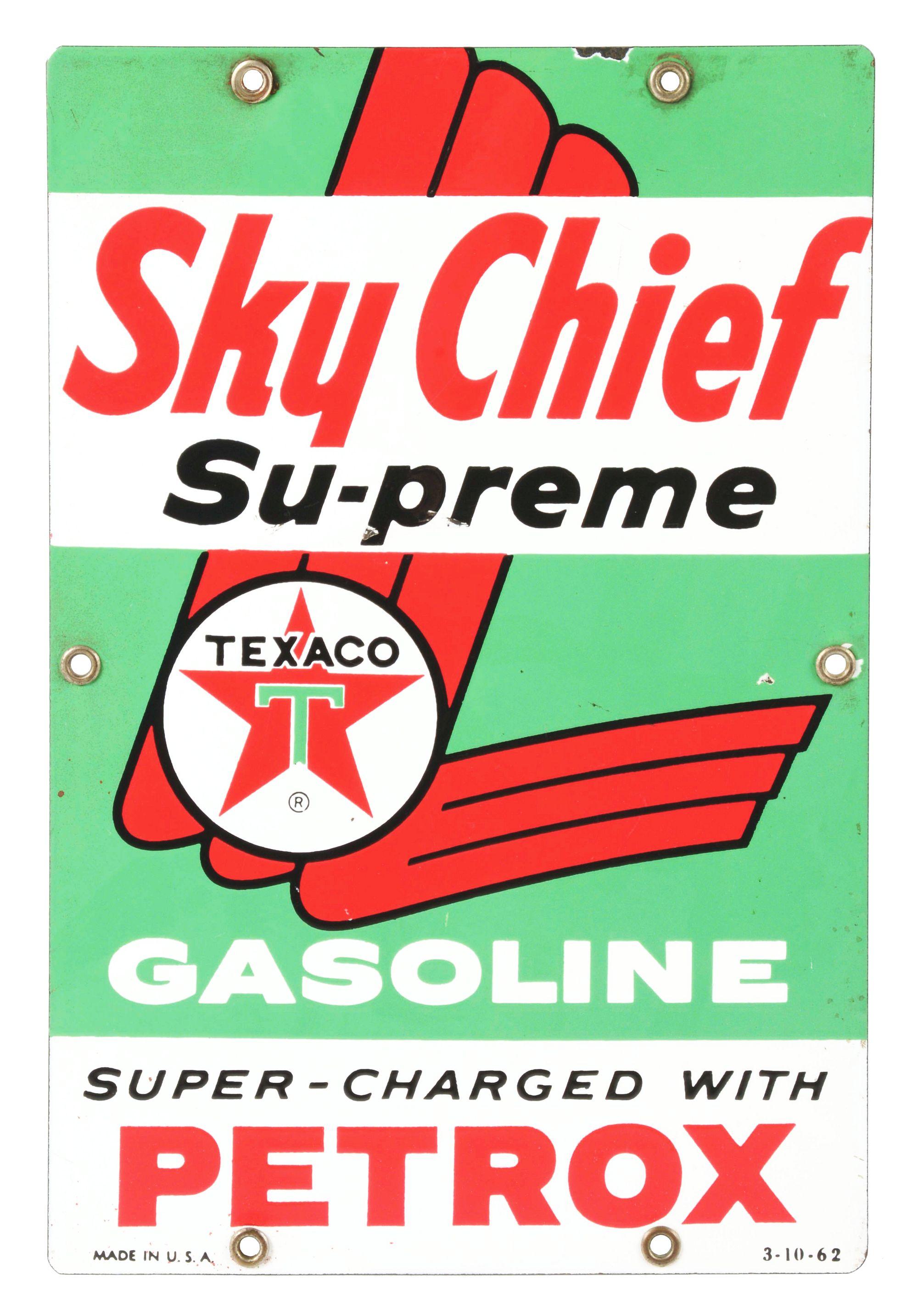 TEXACO SKY CHIEF SUPREME GASOLINE PORCELAIN PUMP PLATE SIGN.